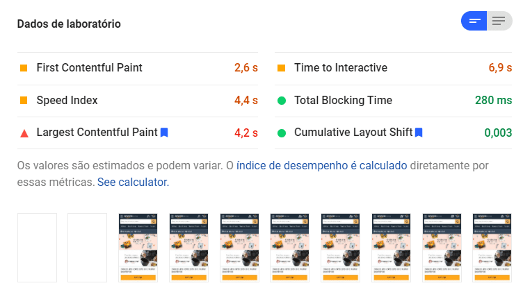 dados de laboratório do lighthouse no pagespeed insights