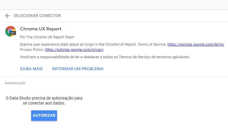 Autorização CrUx report Core Web Vitals