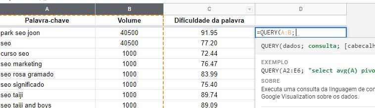 Passo 2 função Query no sheets