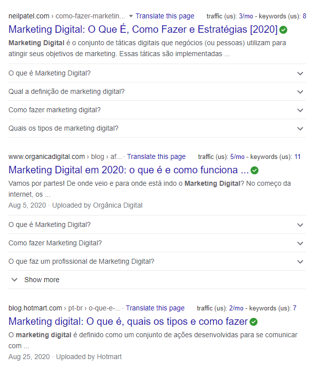 SERP de marketing digital