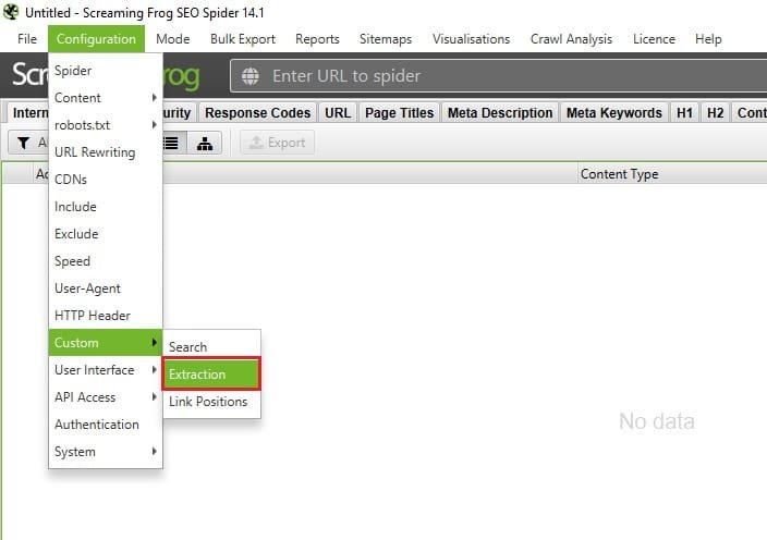 Acessando a Custom Extraction no Screaming Frog