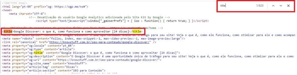 Acessando o código fonte para checar a title manualmente