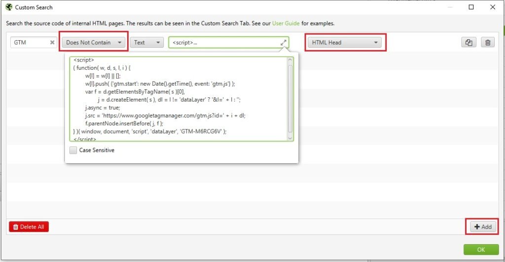 Adicionando uma regra de pesquisa para encontrar páginas sem scripts de GTM pelo screaming frog