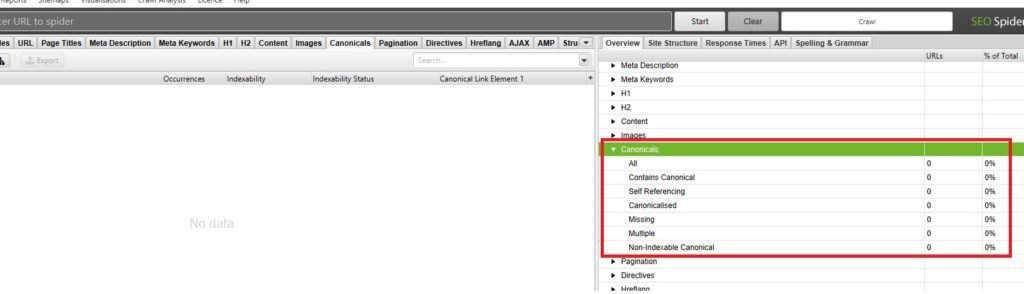 Checando erros de canonical pelo Scremaing Frog seo Spider