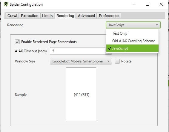 Configurações de Renderização do SEO Spider no Screaming Frog
