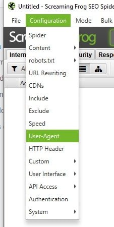 Configurações de User Agent no Scremaing Frog
