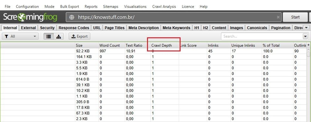 Crawl Depth, vendo o nível de profunbdiadde de cada página no site