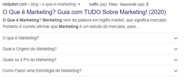 Exemplo de rich snippet na SERP sobre o que é marketing