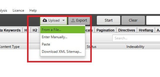 Modo lista do screaming frog, escolhendo a forma de importação das URLs
