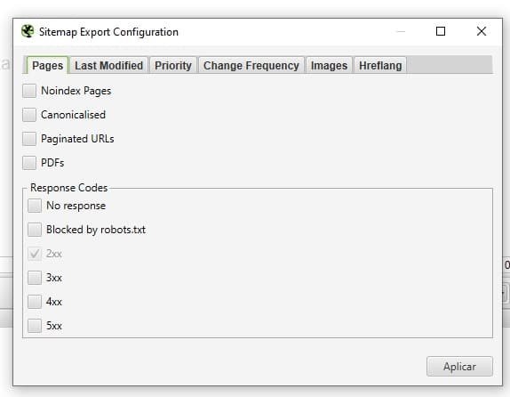 configuração do sitemap para exportação pelo screaming frog