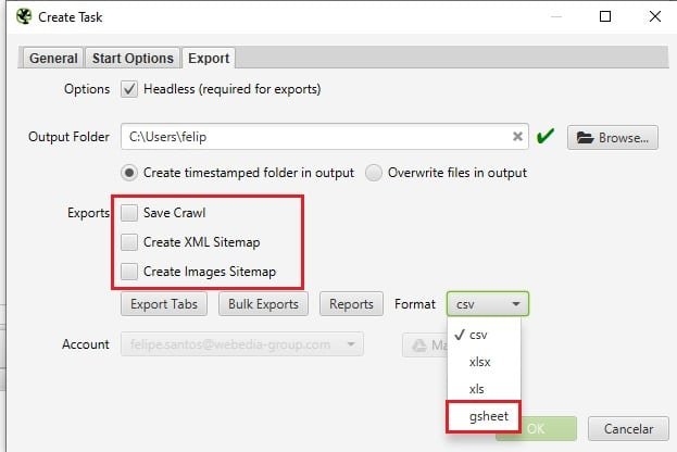 opções de exportação dos dados para gsheet - planilha do Google Sheets e configuração de sitemap