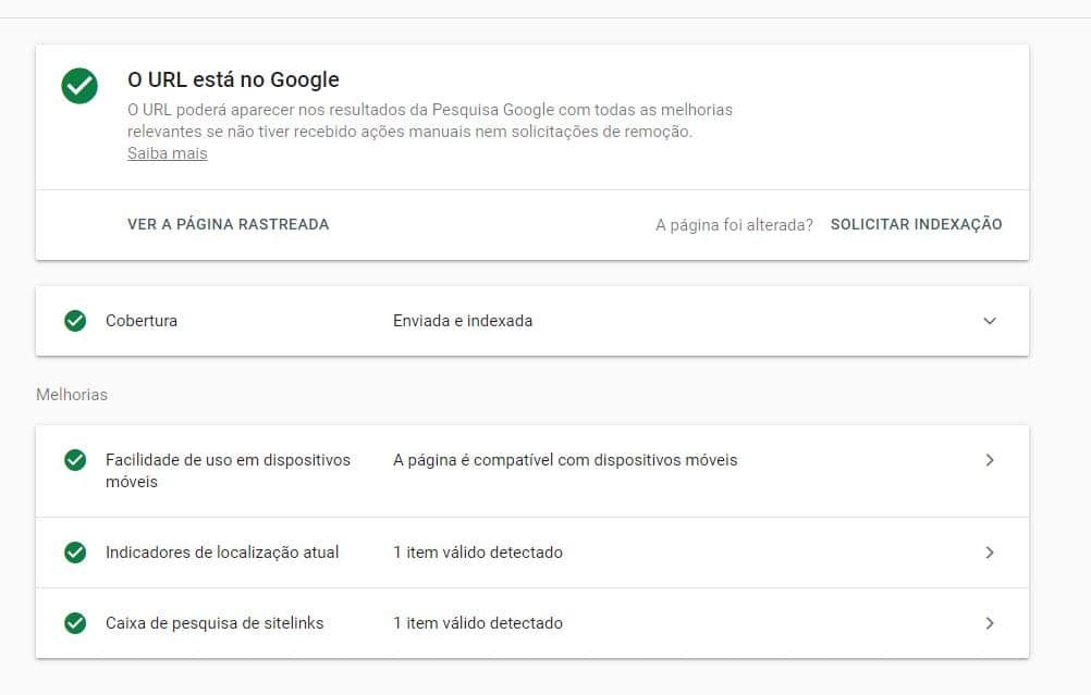 Dados da ferramenta de inspeção do Google Search Console