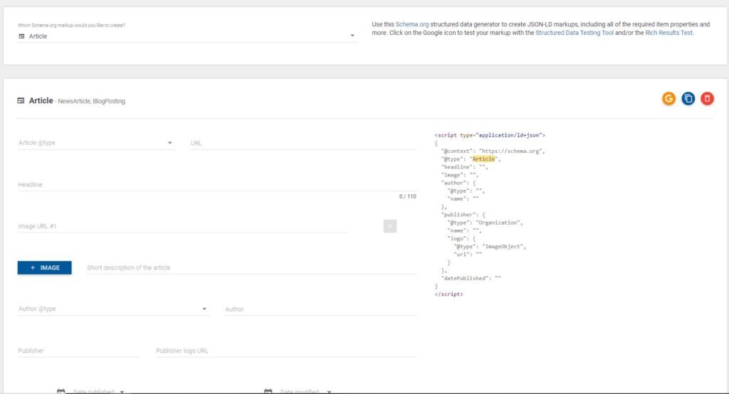 Geração automática do Schema de article pela ferramenta technical seo