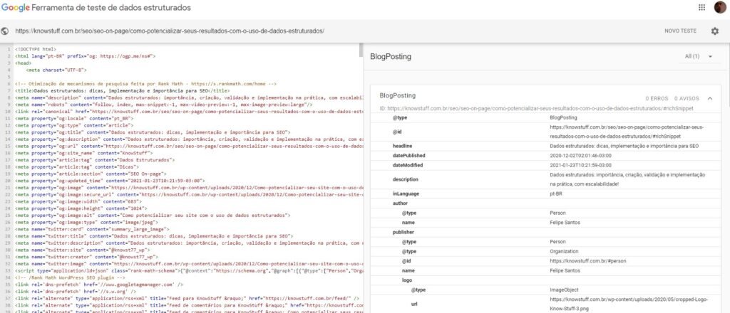 Print da Ferramenta de teste de dados estruturados do Google