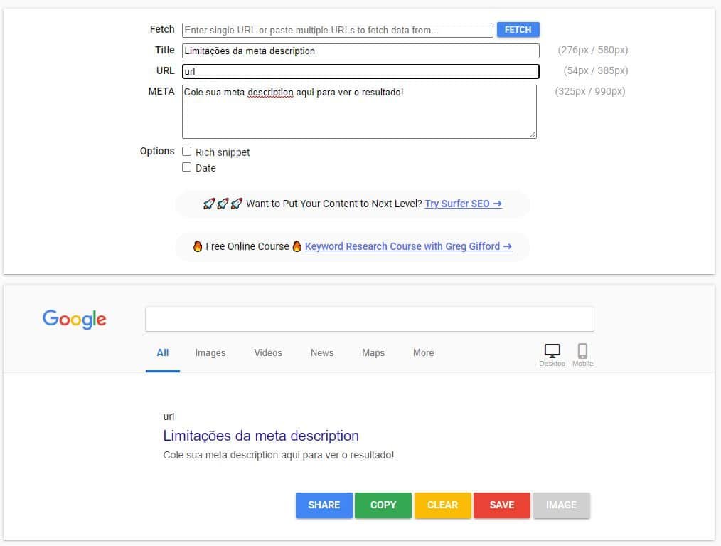 Print da ferramenta SERPsim, que simula um resultado na busca do Google para verificar a limitação de caracteres da meta description
