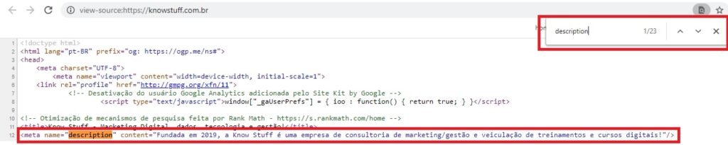 Print do código fonte da home da know sutff, com destaque para a marcação HTML meta description
