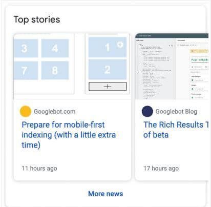 Print dos top stories do Googe que são conquistados através da marcação schema de Article
