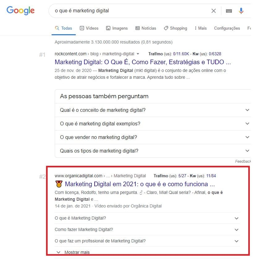 Rich Snippet de FAQ Page no Google para a busca por o que é marketing digital