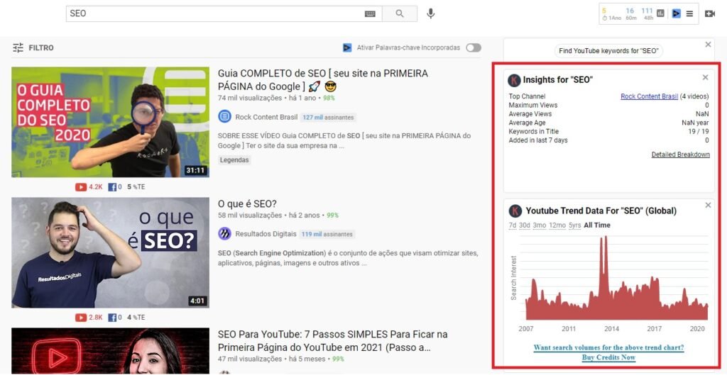 Widget da extensão Keywords Everywhere apreacendo por uma busca no YouTube para SEO