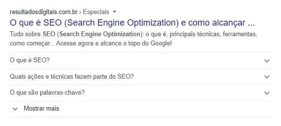 Exemplo de FAQ Page - Rich Snippet - na SERP do Google
