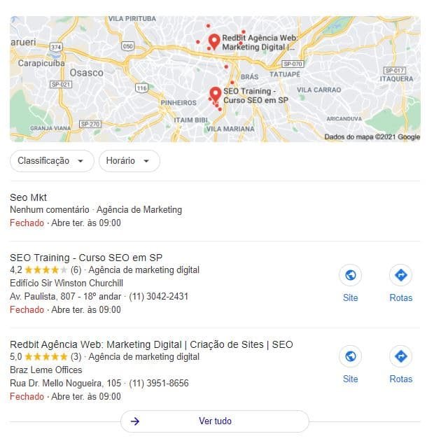 Exemplo de mapa na SERP do Google