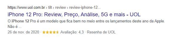 Exemplo de resultado com Review na SERP do Google para a busca por iPhone 12