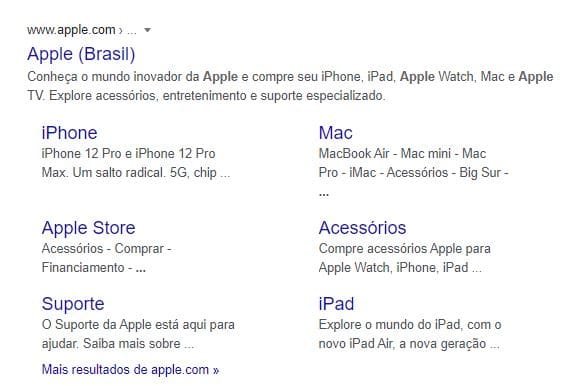 Exemplo de resultado com Site Links na SERP do Google para a busca por Apple