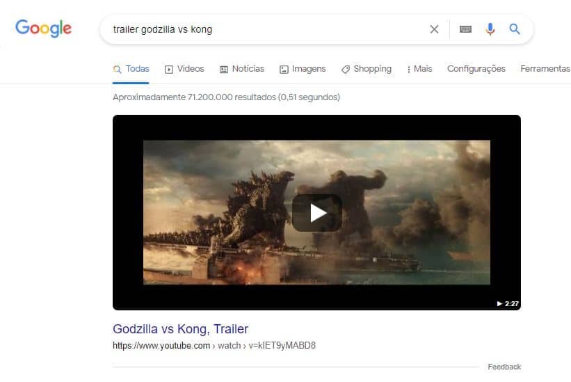 Exemplo de resultado de vídeo na SERP do Google por Kodzilla vs Kong