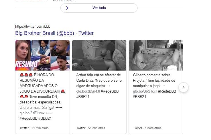 Exemplo de resultados com Tweet na SERP do Google para a busca por BBB21