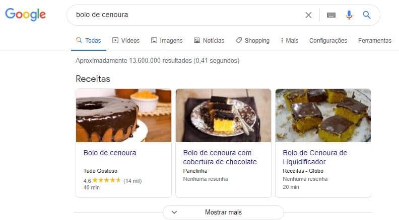 Exemplo de rich snippet de receita no Google para a pesquisa bolo de cenoura