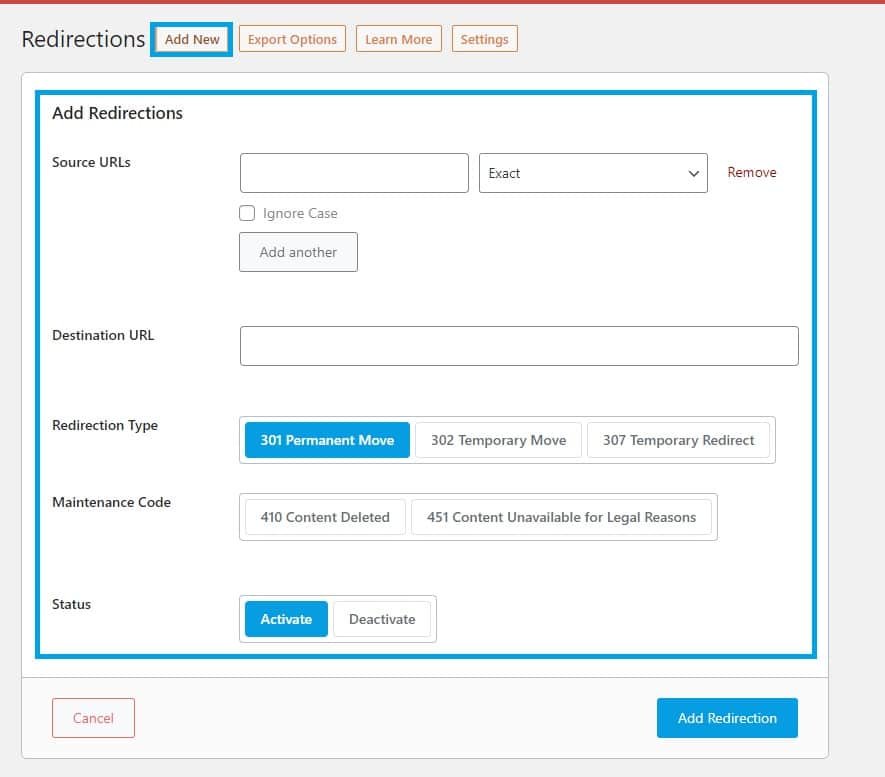 Pirnt da ferramenta de redirect do plugin de wordpress Rank Math SEO