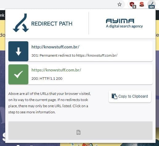 Print com exemplo de uso da extensão do chrome chamada redirect path para verificar a resposta HTTP do site
