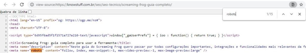 Print de validação da meta robots usando o código fonte da página