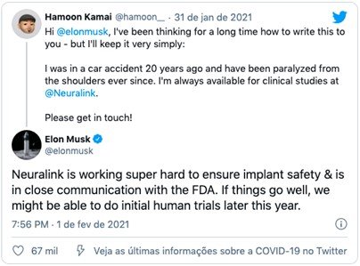 Tweet de Elon Musk sobre o teste do Chip Neuralink em humanos