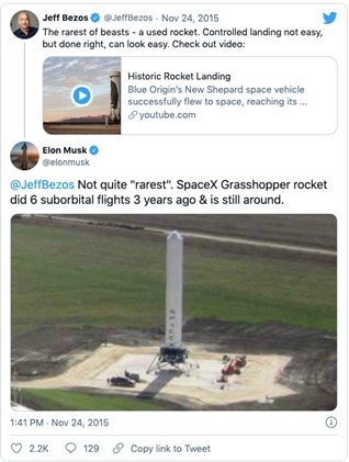 Tweet de Elon musk para Jeff Bezes sobre foguetes