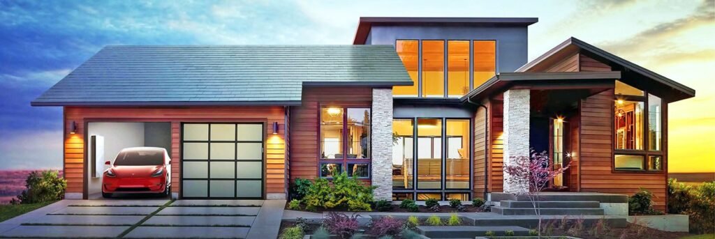 Casa moderna com carro da tesla vermelho na garagem