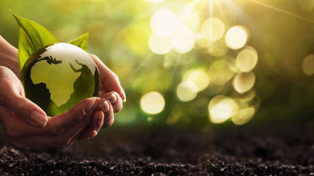 Mão segurando o mundo ao redor de plantas