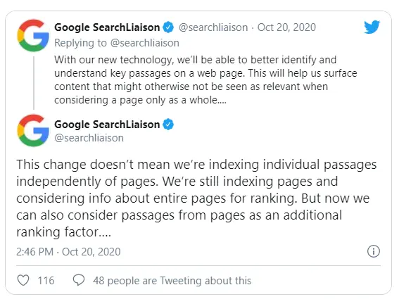Anúncio Google no tweitter sobre passage indexing