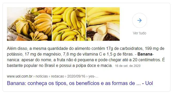 Exemplo de title tag nos resultados da pesquisa por banana na SERP do Google