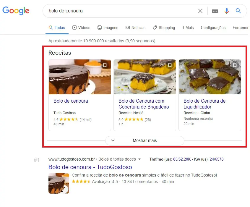 Rich Snippet de Receita no Google para a busca por bolo de cenoura
