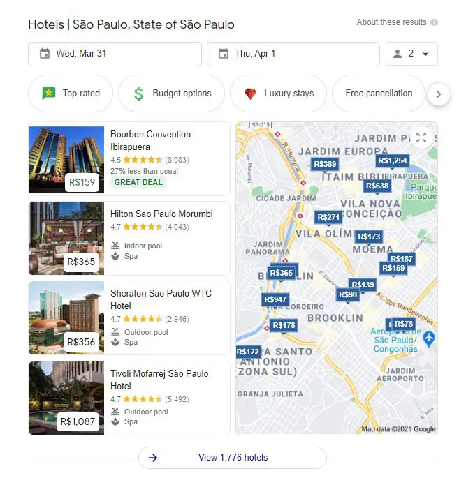 Exemplo de Local Teaser Pack na SERP do Google com busca por hoteis em sao paulo