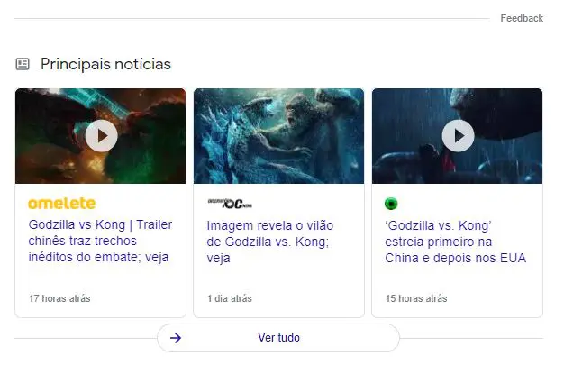 Exemplo de principais notícias no Google para Kodzilla vs Kong