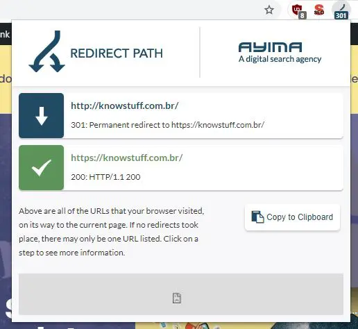 Print com exemplo de uso da extensão do chrome chamada redirect path para verificar a resposta HTTP do site