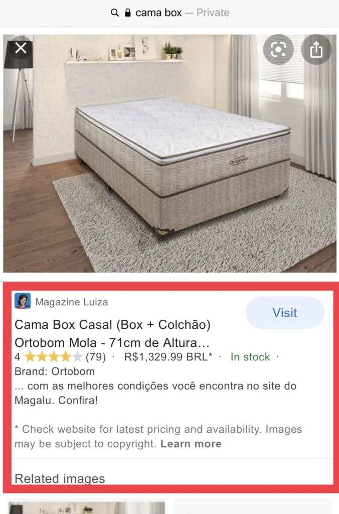 Print de uma imagem de cama box expandida no Google Imagens com várias infomrações como avaliação, nome da empresa e mais