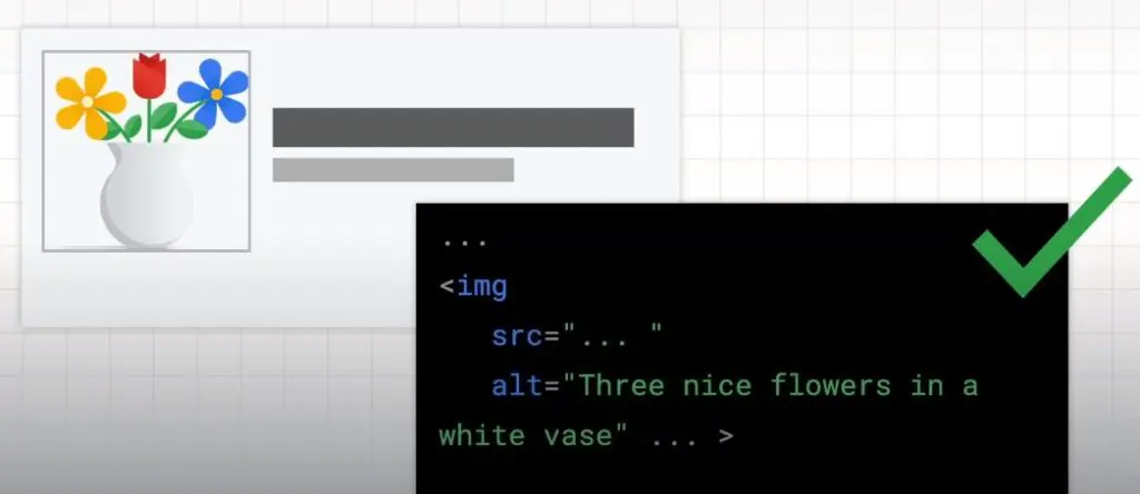 Print exemplo do atributo alt sendo utilizado corretamente para descrever a imagem de um vaso branco com três flores coloridas