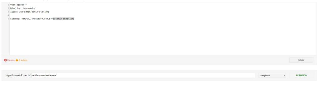 print do uso da ferramenta do google chamada robots txt tester