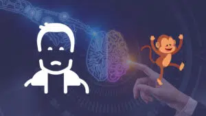 Dedos de robô e humano se tocando com ilustração de Elon Musk acima e macaco ao seu lado para representar o Chip da Neuralink