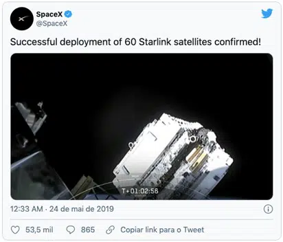 Tween SpaceX sobre satélites da Starlink