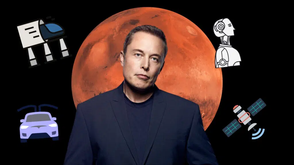 Elon Musk com planeta marte no fundo e ilustrações ao seu redor representando projetos que propõe e implementa