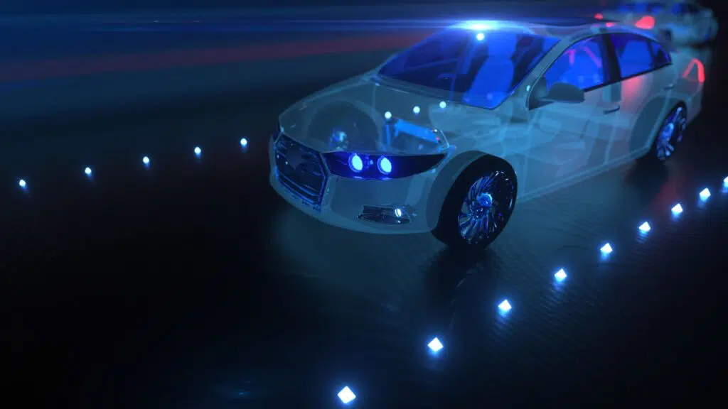 Carro tecnológico transparente em pista iluminada